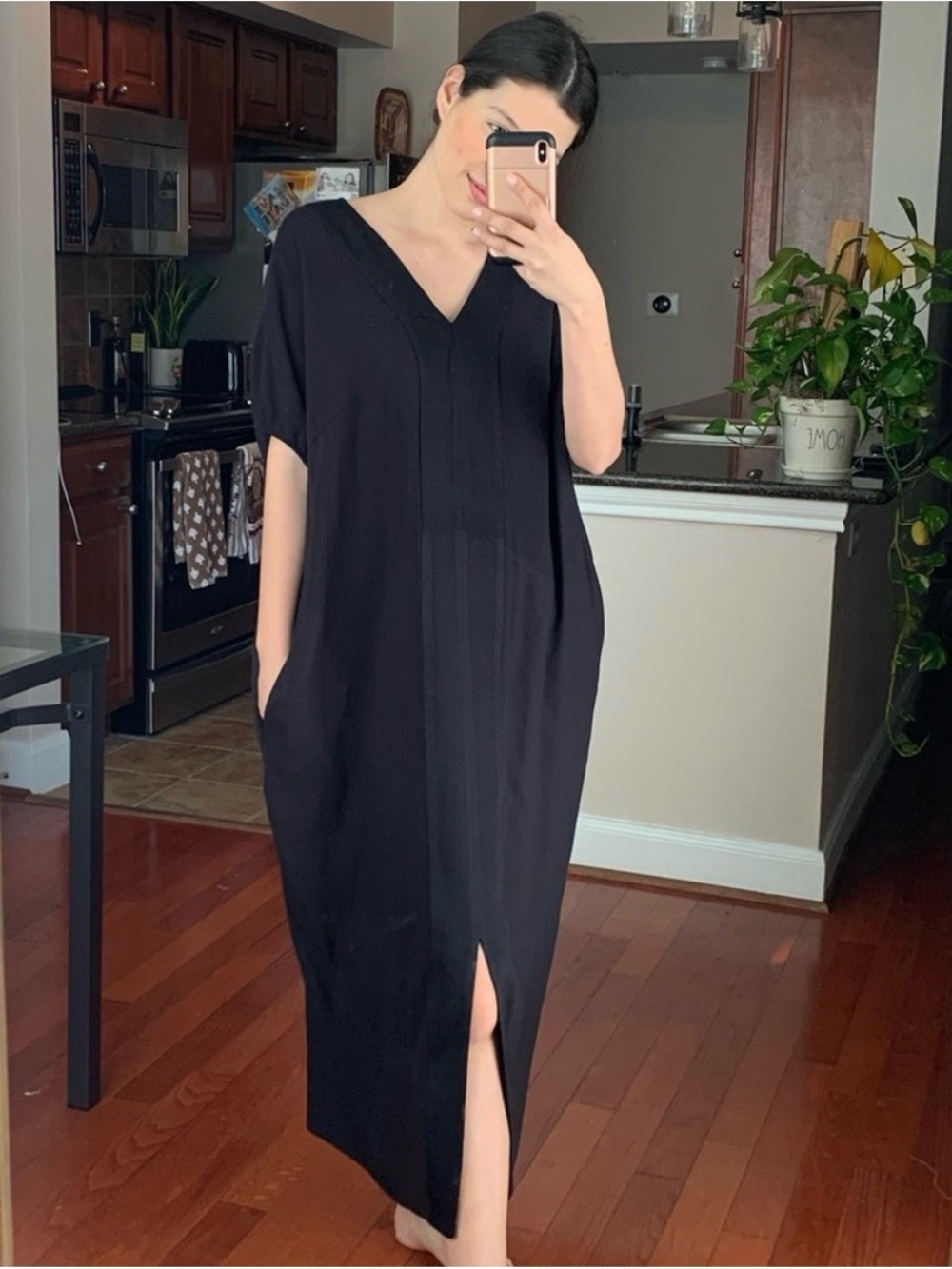 Universal Standard J. Crew Crosby Black Cupro Short Sleeve Tunic Maxi Dress Sz M